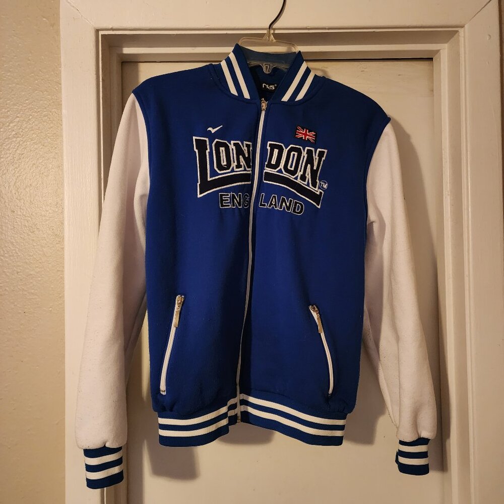 NOS Girl's London England Varsity Jacket Blue & White Size XL
